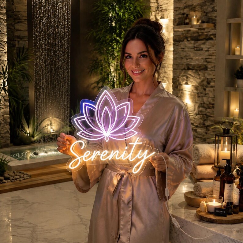 May include: A clear acrylic neon sign featuring a glowing purple and white lotus flower icon above the word Serenity in a cursive script font. The sign is illuminated with bright LED tubing and includes a visible white power cord and control switch.