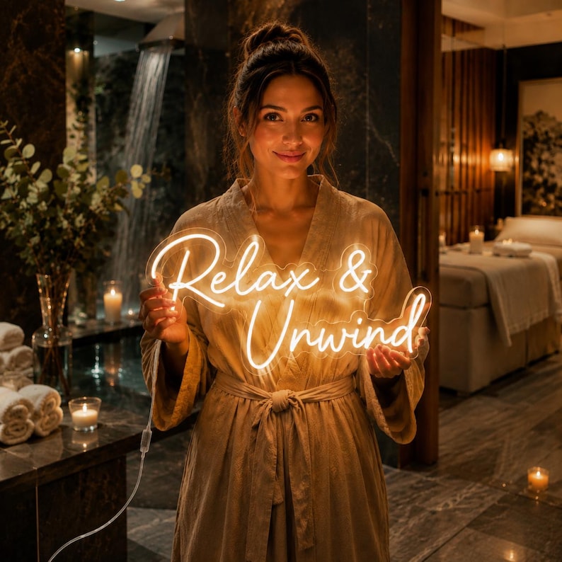 May include: A glowing neon sign with the text Relax & Unwind in a cursive script font. The sign is constructed from clear acrylic backing and bright white neon tubing, emitting a soft light that illuminates the surrounding area.