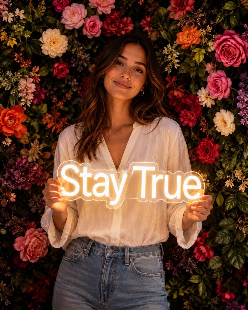 May include: A white neon sign featuring the text Stay True in a glowing script font. The sign is constructed with a clear acrylic backing that follows the contour of the letters, emitting a warm light that illuminates the surrounding area.