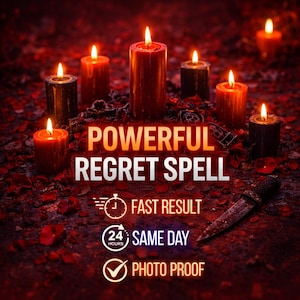 Puede incluir: Imagen con velas encendidas de varios tamaños y colores, con el texto «POWERFUL REGRET SPELL». El texto adicional incluye «FAST RESULT», «SAME DAY» y «PHOTO PROOF». También se ve un pequeño cuchillo.