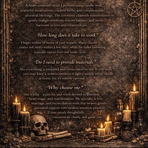 K&ouml;nnte beinhalten: Ein dunkles, verziertes Bild mit dem Text "Q&A" oben. Das Bild zeigt Kerzen, einen Sch&auml;del und Flaschen, mit Text, der spirituelle Rituale und Dienstleistungen beschreibt. Das Logo von Wild Pear Studio Co. befindet sich unten.