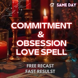 K&ouml;nnte beinhalten: Bild mit roten Kerzen, verzierten Kerzenhaltern und einer goldenen Schale. Der Text lautet "COMMITMENT & OBSESSION LOVE SPELL". Das Bild hat ein mystisches Thema.