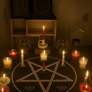 May include: A dimly lit scene featuring a black cloth with a white pentagram, surrounded by lit candles of various colors and sizes. Two framed images with symbols are on a shelf. Two Baphomet statues are present.