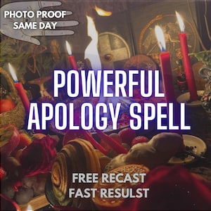 May include: An image featuring a ritual setup with lit red candles, fruits, and the text "POWERFUL APOLOGY SPELL." Additional text includes "PHOTO PROOF SAME DAY," "FREE RECAST," and "FAST RESULTS."