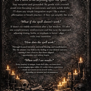K&ouml;nnte beinhalten: Dunkles, stimmungsvolles Bild mit Text: "Q&A" und Antworten zu Zauberspr&uuml;chen. Brennende Kerzen, Sch&auml;del und ein Pentagramm erzeugen eine mystische Atmosph&auml;re. Der Text behandelt Zauberspr&uuml;che, Timing und Ergebnisse. Das Logo Wild Pear Studio Co.