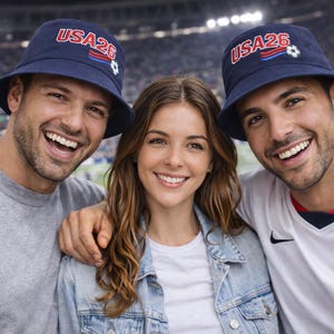 May include: Three people smiling, wearing navy blue bucket hats with "USA26" in red lettering and a soccer ball graphic. One person wears a USA soccer jersey. The background shows a stadium.