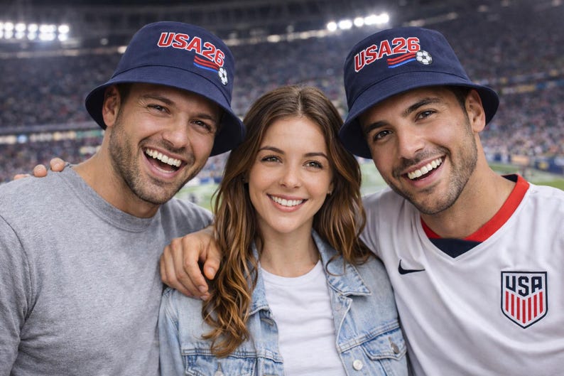 May include: Three people smiling, wearing navy blue bucket hats with "USA26" in red lettering and a soccer ball graphic. One person wears a USA soccer jersey. The background shows a stadium.