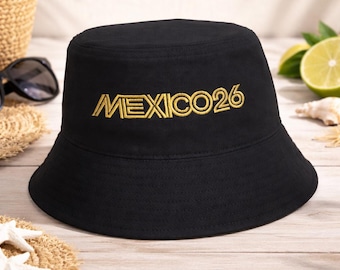 Retro Mexiko Fußball Bucket Hat, Gold bestickte Streetwear Cap