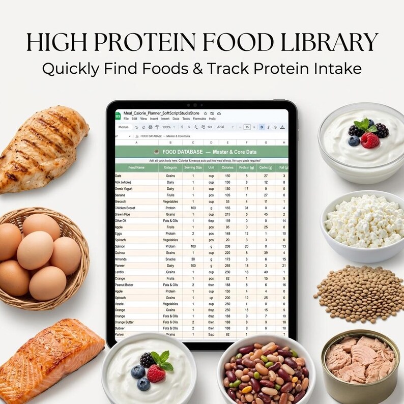 May include: A digital tablet displaying a High Protein Food Library spreadsheet, surrounded by various food items including grilled chicken, a basket of brown eggs, salmon, yogurt with berries, cottage cheese, lentils, and canned tuna.