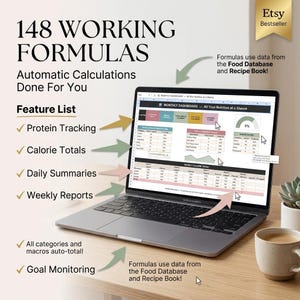 May include: A laptop displaying a nutrition tracking spreadsheet titled Monthly Dashboard. The screen shows tables for protein tracking, calorie totals, daily summaries, weekly reports, and goal monitoring with text indicating 148 working formulas.