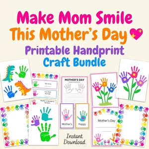 Puede incluir: Una colección de plantillas imprimibles de manualidades de huellas de manos para el Día de la Madre. Los diseños incluyen arte de huellas de manos de dinosaurios, flores y marcos, con el texto "Make Mom Smile This Mother's Day" y "Instant Download".