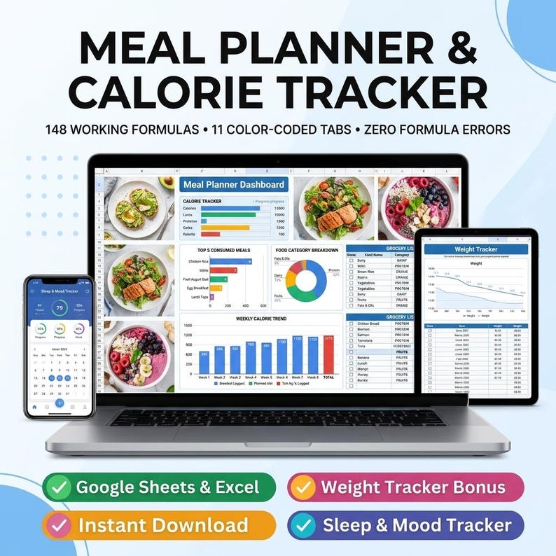 May include: A digital meal planner and calorie tracker displayed on a laptop, tablet, and smartphone. The screen shows dashboards with food photos, bar charts, pie charts, and grocery lists. Text includes MEAL PLANNER & CALORIE TRACKER, 148 WORKING FORMULAS, 11 COLOR-CODED TABS, ZERO FORMULA ERRORS, Google Sheets & Excel, Weight Tracker Bonus, Instant Download, and Sleep & Mood Tracker.