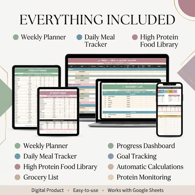 May include: A digital meal planning system displayed on a laptop, tablet, and smartphone. The screens show spreadsheets for a food database, recipe book, meal tracker, and grocery list. Text includes Everything Included, Weekly Planner, and Progress Dashboard.