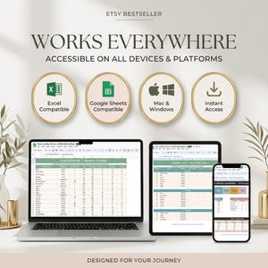 May include: A digital planner displayed on a laptop, tablet, and smartphone screen. The interface shows spreadsheets with food databases and grocery lists. Icons indicate compatibility with Excel, Google Sheets, Mac, and Windows systems.