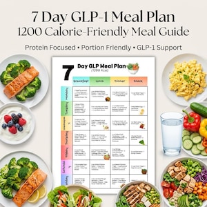 May include: A 7-Day GLP-1 Meal Plan guide with a 1200-calorie focus. The image shows a meal plan chart with daily meal suggestions and various plates of food, including salmon, broccoli, eggs, and yogurt with berries. The text highlights protein and portion control.
