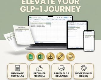 GLP-1 Weight Loss Planner Google Sheets, Injection Tracker, Weekly Meal Planner Excel, Recipe Builder Auto Grocery List, Spreadsheet