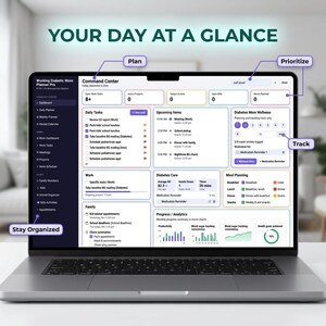 May include: A laptop screen displaying the Working Diabetic Mom Planner Pro interface, featuring sections for daily tasks, upcoming items, diabetes care, meal planning, and analytics. The dashboard includes text labels for Plan, Prioritize, Track, and Stay Organized.