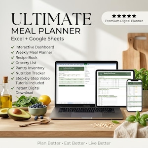 Ultimatives Diät-Menüplaner-Paket (Excel & Google Sheets), digitales Kochbuch, Einkaufs- und Vorratsplaner, Nährwerttracker, Video-Tutorial