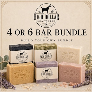 May include: A bundle of six rectangular goat milk soap bars in various colors including black, green, beige, purple, and pink. Each bar features a paper band with the High Dollar Soapworks logo or an embossed High Dollar Farms stamp.
