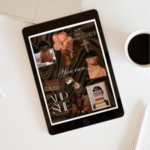May include: A digital art print displayed on a tablet, featuring various illustrations and text. The artwork includes images of a woman, flowers, and text that reads "You are a masterpiece" and "And she who believed". A cup of coffee and a pen are also visible.