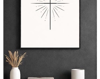Minimalistische christelijke kruiskunst aan de muur | Zwart-wit Faith-decor | Moderne religieuze print | Digitale download