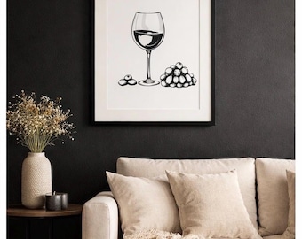 Minimalist Wine Wall Art Print | Black & White Bar Art | Modern Kitchen or Bar Decor | Digital Download