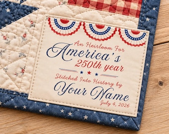 Etiqueta para edredón con la bandera patriótica, diseño de costura tradicional del 250 aniversario de Estados Unidos (descarga digital)