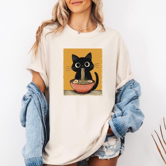 Funny Cat Shirt Kawaii Japanese Anime Cat Shirt Kawaii Japanese Food Pun Shirt Anime Cat T-Shirt Cute Noodle Cat Sweatshirt Foodie Gift Idea
