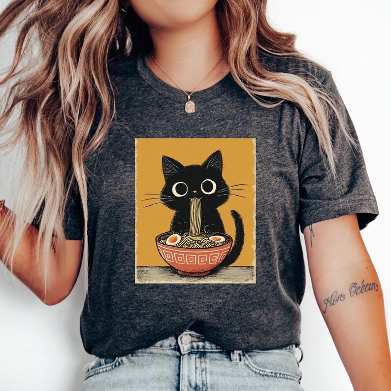 Funny Cat Shirt Kawaii Japanese Anime Cat Shirt Kawaii Japanese Food Pun Shirt Anime Cat T-Shirt Cute Noodle Cat Sweatshirt Foodie Gift Idea image 2