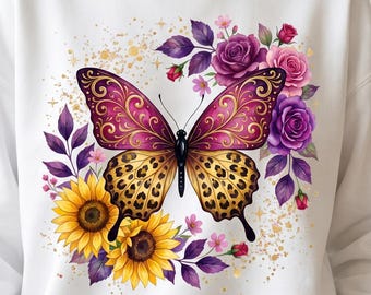 Butterfly Floral PNG, Leopard Wing Sublimation, Purple Rose Gold Splatter, Sunflower Boho Summer PNG
