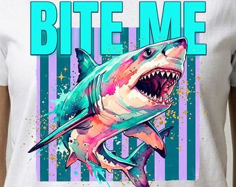 Retro Neon Shark PNG, fräck akvarell havs-T-shirtdesign (digital nedladdning)
