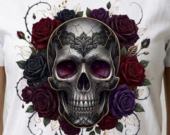 Gotisk dödskalle PNG, T-shirtdesign med mörka rosor, vinröd blommig konst (digital nedladdning)
