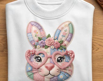 Pastel Patchwork Bunny PNG, Easter Sublimation Design, Floral Kawaii Graphic (Digital Download)