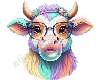 Highland Cow Graphic T-Shirt Design | Glasses, Bubble Gum PNG (Digital Download)