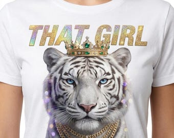 Vit tigerkrona PNG, Sassy Queen T-shirtdesign, guldglitter (digital nedladdning)
