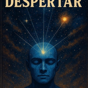 Könnte beinhalten: Illustration einer Person mit geschlossenen Augen, von deren Kopf Licht ausgeht. Das Bild zeigt den Text "EL DESPERTAR" in goldener Schrift vor einem dunkelblauen Sternenhintergrund. Die Haut der Person ist blau.