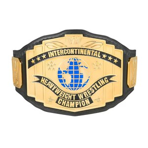 May include: A gold and black Intercontinental Heavyweight Wrestling Champion belt. The belt features a gold center plate with a blue globe design and the words "Intercontinental Heavyweight Wrestling Champion". The belt has gold side plates and a black leather strap.
