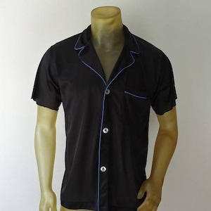 Black Pajama Short Sleeve Shirt with a blue pipping by Musingwear Medium