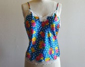 Bright Blue Cami with White Polka Dots and Roses - Medium
