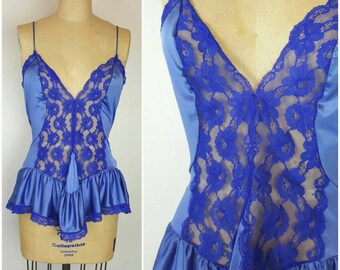 Blue Sheer Floral Lace Peplum Teddy Tank - Medium