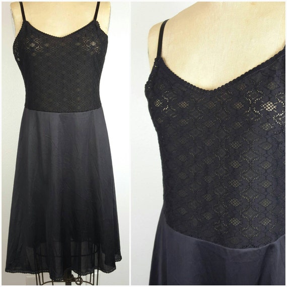 Black Lace 50s Style Full Slip Dress - 36 Medium - image 1