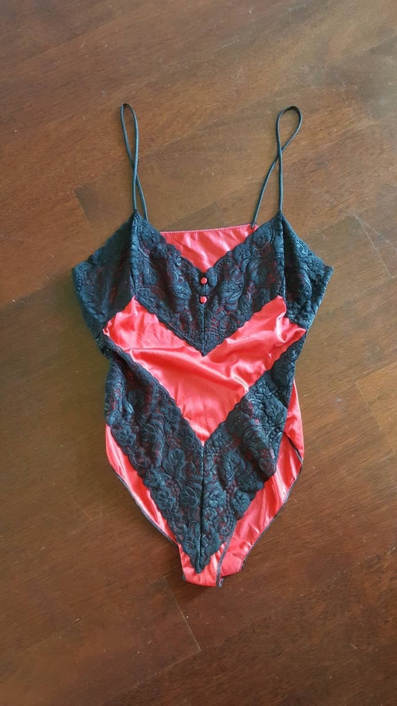 90s Red Bodysuit with Black Lace Trim