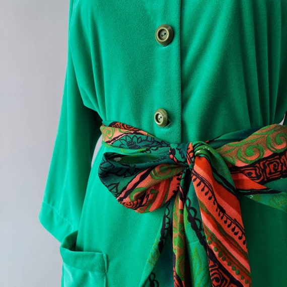 Green Fleece Maxi Robe with Colorful Sash - Small - Gem
