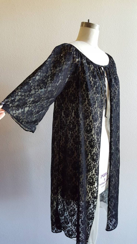 60s Black Lace Nude Illusion Robe by Bercliff - L… - image 4