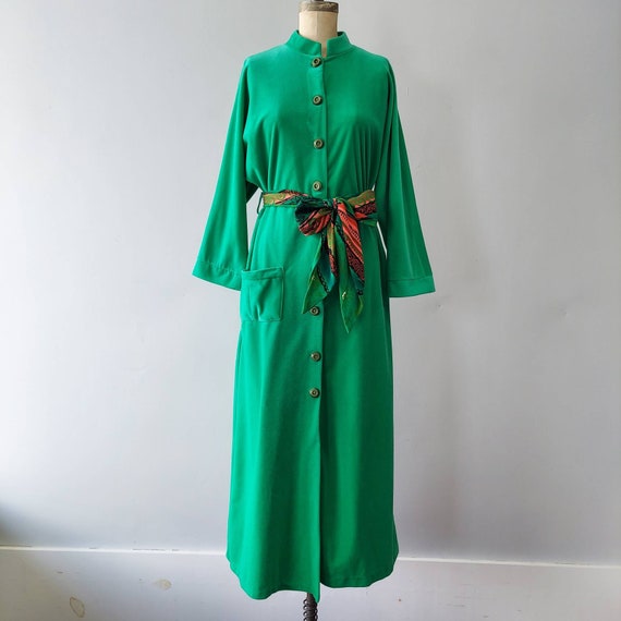 Green Fleece Maxi Robe with Colorful Sash - Small - Gem