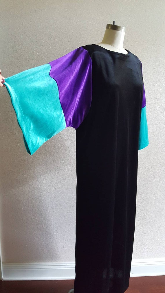 Black Velvet Kaftan with Colorblock Turquoise and… - image 1