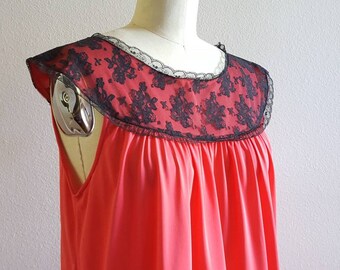 Hot Coral Baby Doll Nightgown with Black Lace Collar S/M