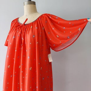 Long Red Night Gown with Blue Floral Hem and Flutter Sleeves OSFM