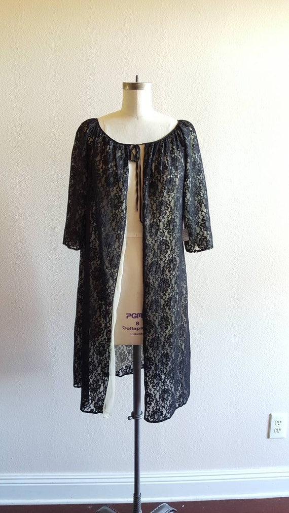 60s Black Lace Nude Illusion Robe by Bercliff - La