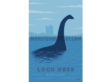 Pode incluir: Uma silhueta azul do Monstro do Lago Ness, também conhecido como Nessie, na água. O longo pescoço do monstro é visível acima da água. Uma silhueta de um castelo está no fundo. O texto "Loch Ness" e "Escócia" está na parte inferior da imagem.